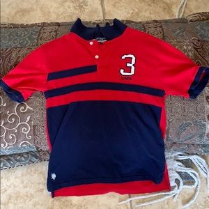 red and navy polo button up v-neck